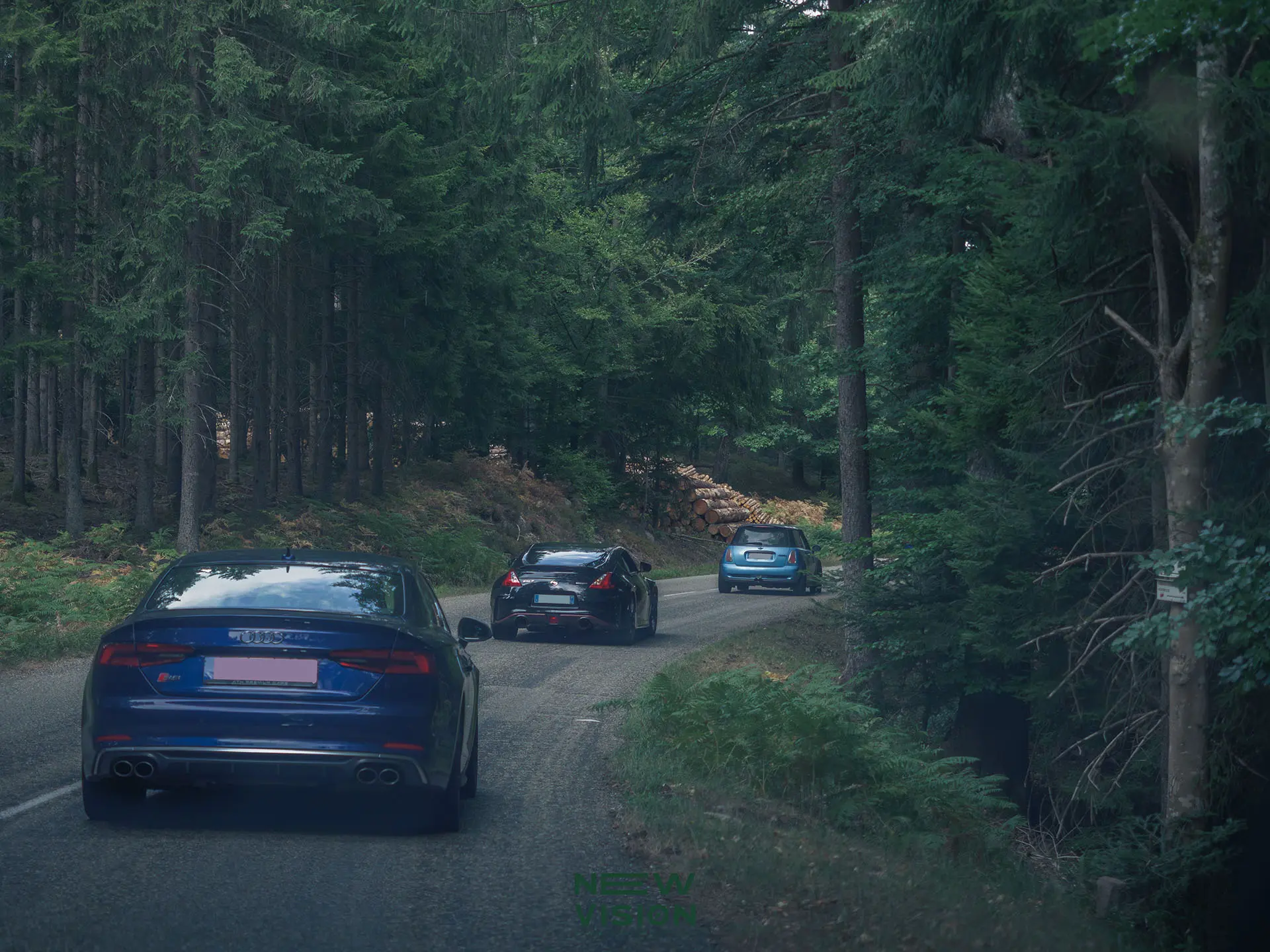 Convoi de voitures en forêt